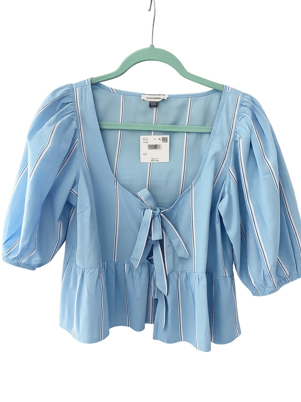 NWT American Eagle Outfitters Blue and White Striped Tie-Front Peplum Blouse